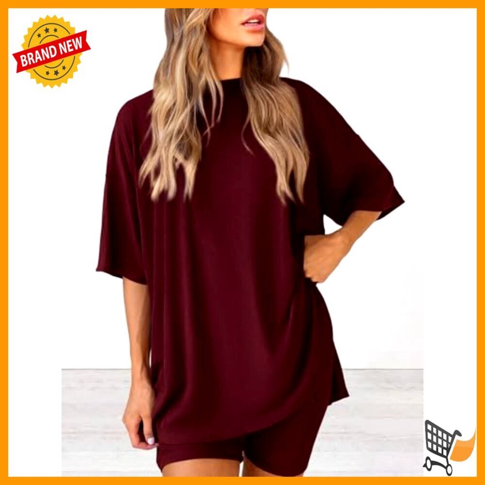 Oversized Two Piece Lounge Set Biker Shorts Matching Casual Travel Outfit - Picture 4 of 7